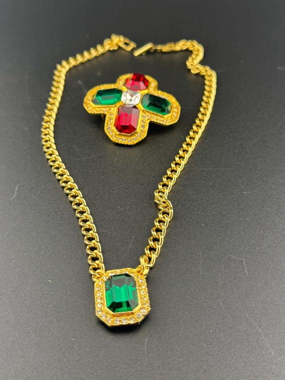 Vintage Swarovski Crystal Necklace Brooch Set: Emerald Ruby