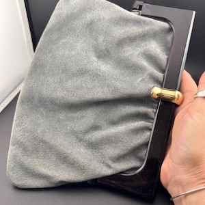 Vintage 1960s 1970s  Italian grey genuine SUEDE leather clutch bag purse handbag black celluloid handles and gold clasp