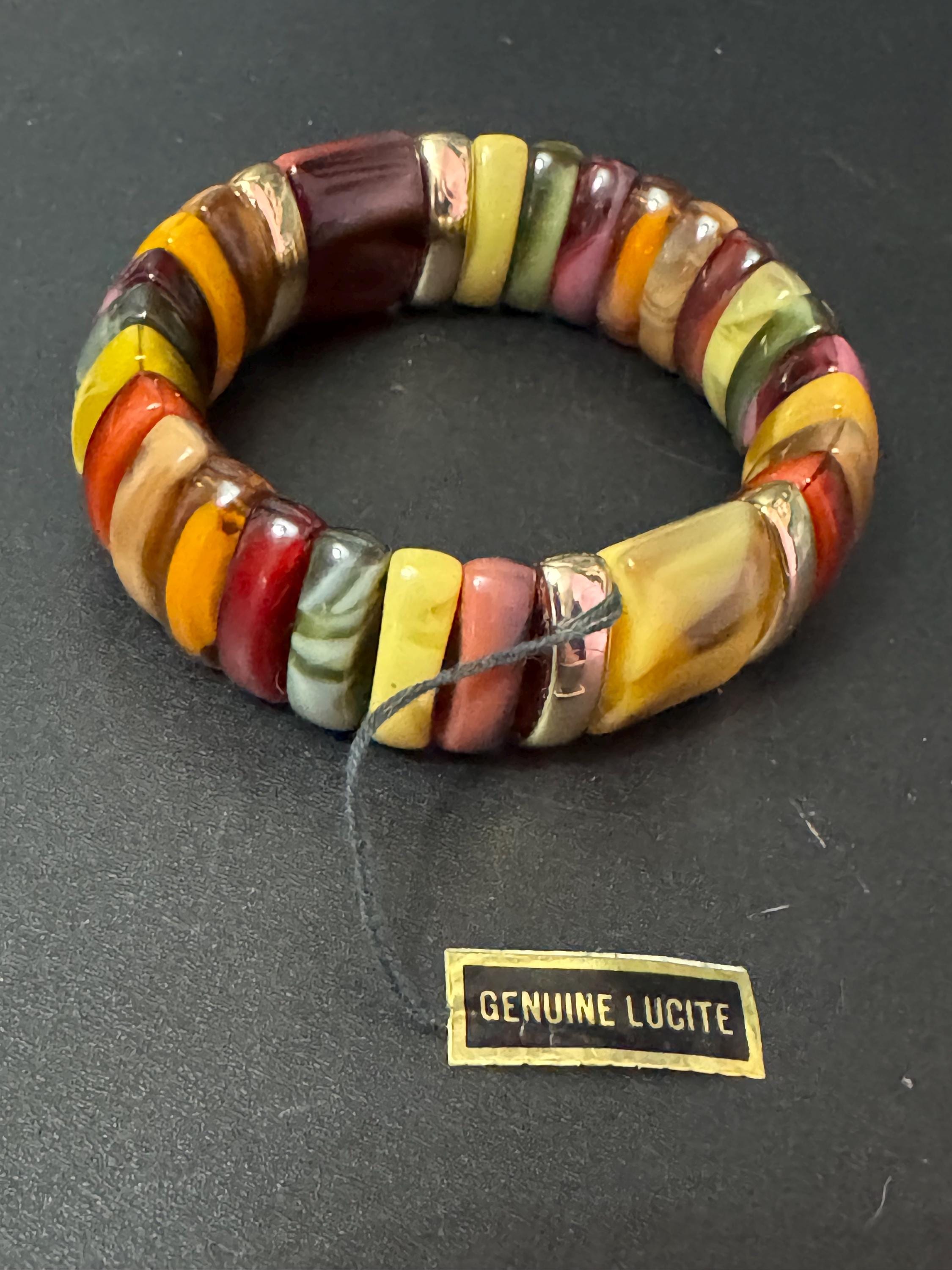 Vintage Genuine Lucite Early Plastic Beaded Brown Orange Green 