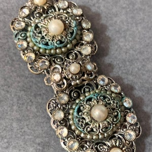 Hebilla de cinturón de 2 partes con pasta de perla diamanté filigrana de latón checo Art deco