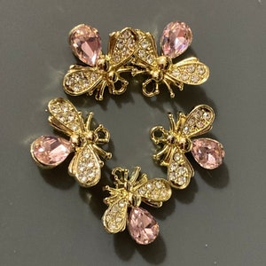 bee charms embellishments, 5pc  pink diamanté crystal gold tone