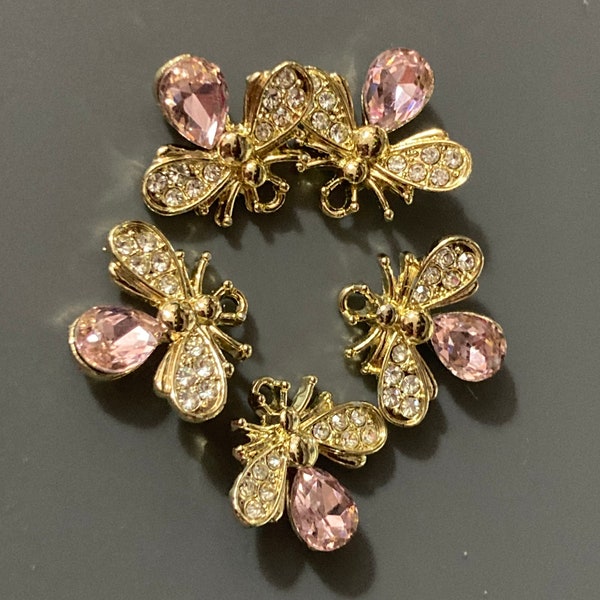 bee charms embellishments, 5pc  pink diamanté crystal gold tone