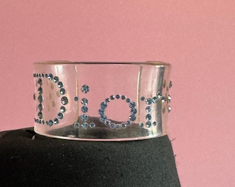Clear Acrylic Blue Open Cuff Bracelet | Rhinestone Detail | Art