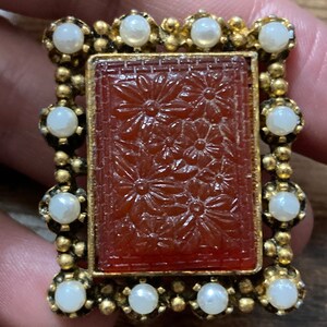 pressed glass faux carnelian rectangular brooch with faux pearls