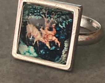 Woodland Deer Ring: Art Nouveau Floral Design, Adjustable Stainless Steel