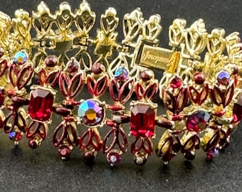 Signed Jewelcraft red diamanté bracelet, Vintage gold tone wide ruby