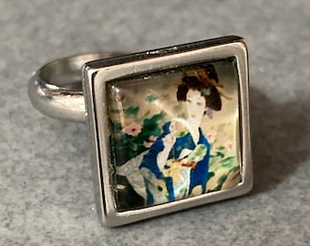Japanese geisha girl ring, adjustable blue stainless steel