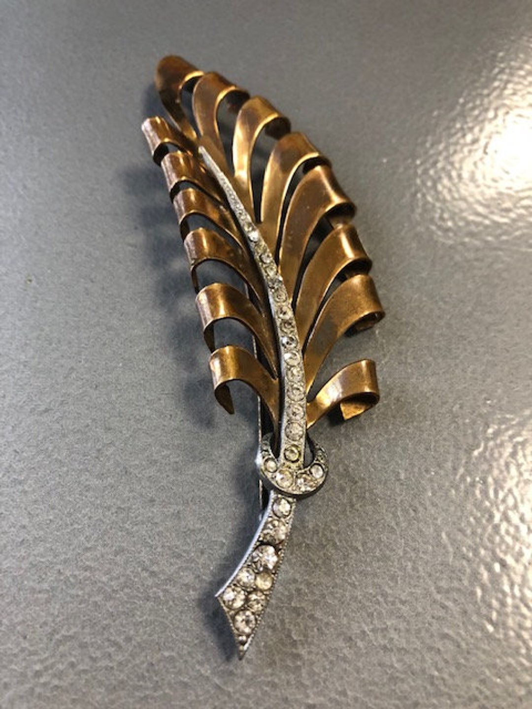 Large Vintage Brass Metal Leaf Diamanté Paste Rhinestone Etsy