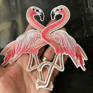 Embroidered Flamingo Iron On Patches: Pink & Silver Appliqués (15cm x 10cm)