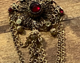 Czech gold tone brass Metal filigree ruby red rhinestone paste