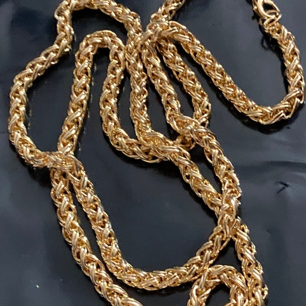 37.5” 95cm extra long 1980s thick gold plated woven wheat chain necklace