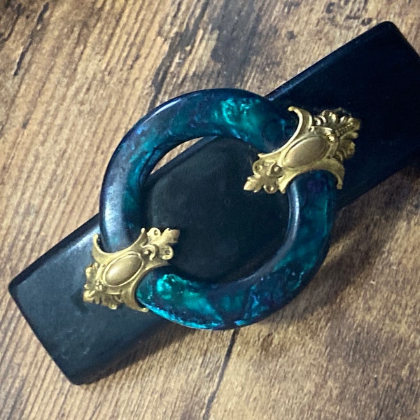 Signé Camille Guillot vintage noir vert acrylique fleuri métal doré ensemble barrette pince à cheveux grand Français