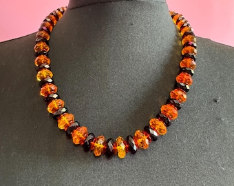 Vintage black and orange necklace, faceted acrylic plastic chunky long beads  60cm