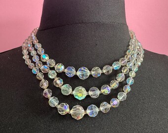Art Deco AB rainbow necklace: Aurora borealis glass Crystal 3 row beaded collar