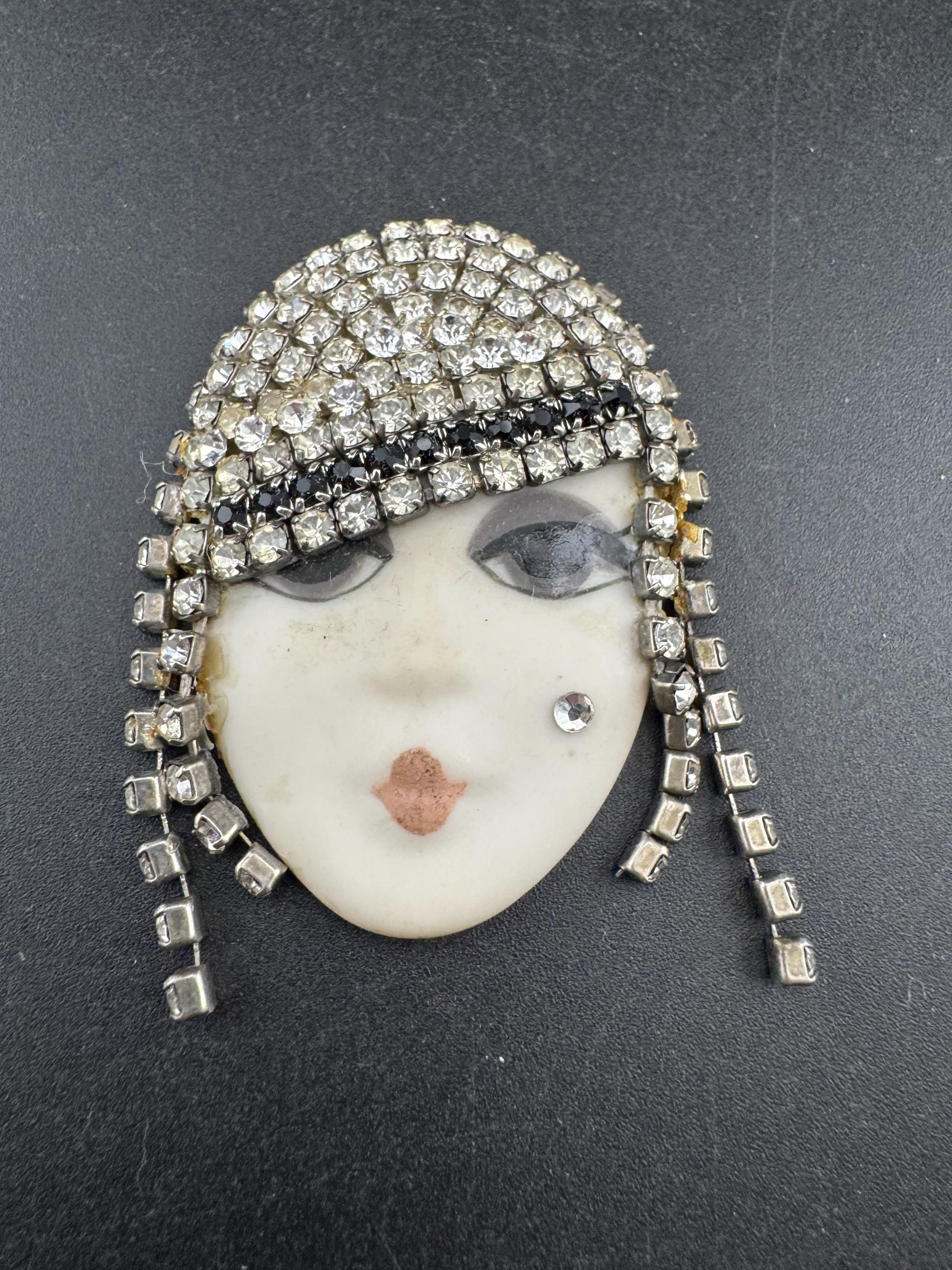 Signed R40 Flapper Lady Porcelain Brooch Rhinestone Ceramic Flapper Face Brooch: Signed Vintage  main image 2