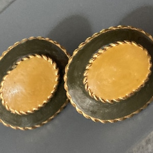 Vintage gold tone olive green enamel beige cream Oval pair stud earrings