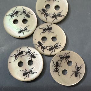 May include: Five round, off-white buttons with two holes each. Each button features a black illustration of ants. The buttons are arranged on a gray surface.