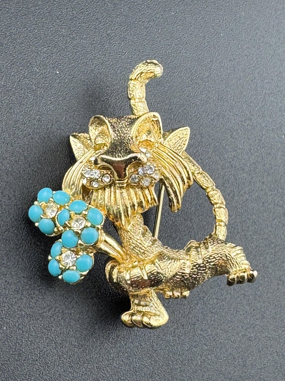 Cartoon Gold Lion Brooch: Turquoise Paste Vintage 60s - Etsy