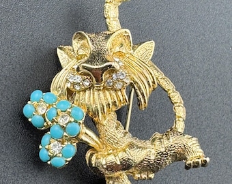 Grande Broche Vintage Couleur Or Avec Perles Et Pierres (émeraude, Rubis) - Bijou Fantaisie