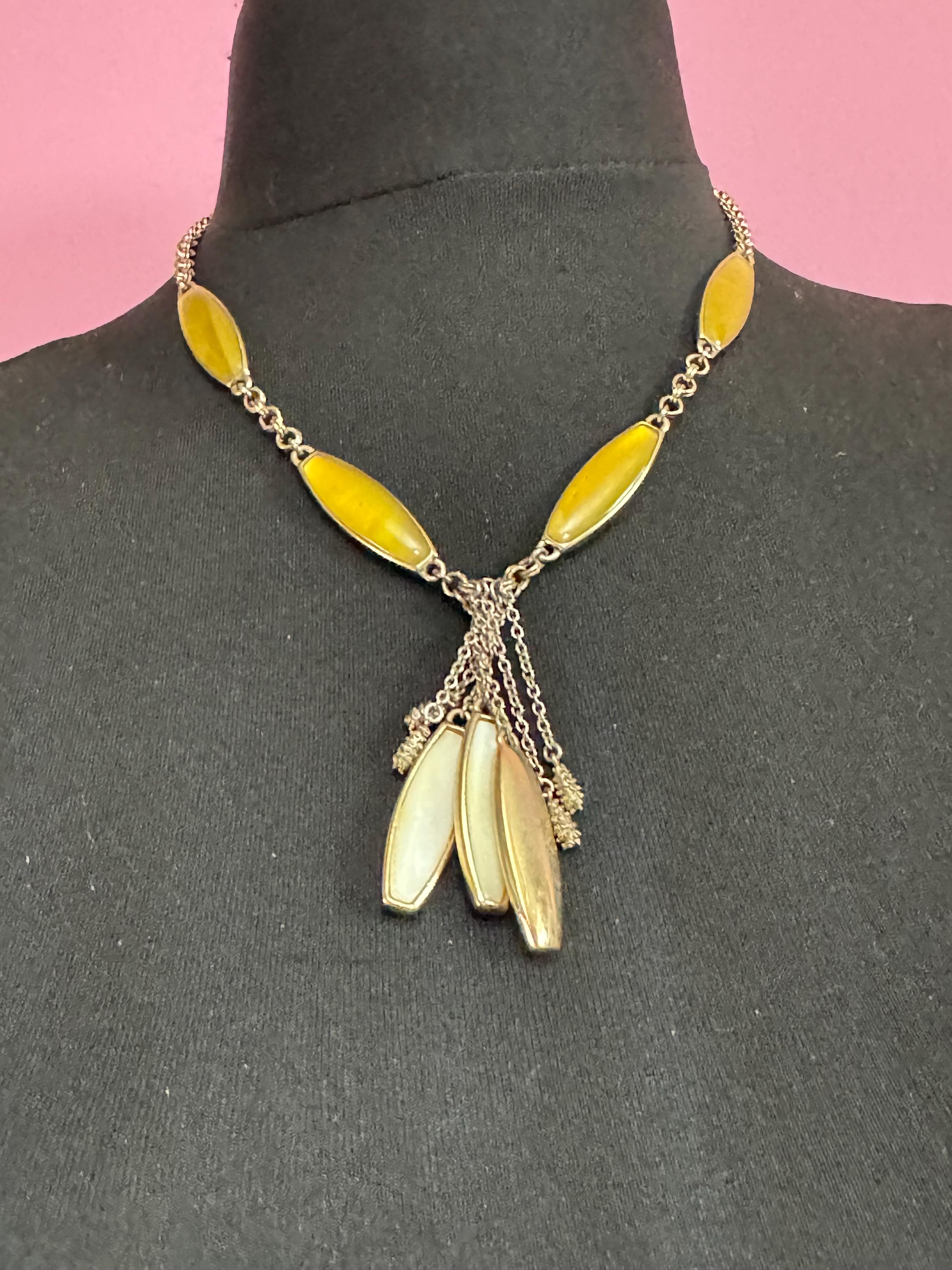 Monet Jewellery Gold, Signed Yellow Cream Enamel Tassel Necklace