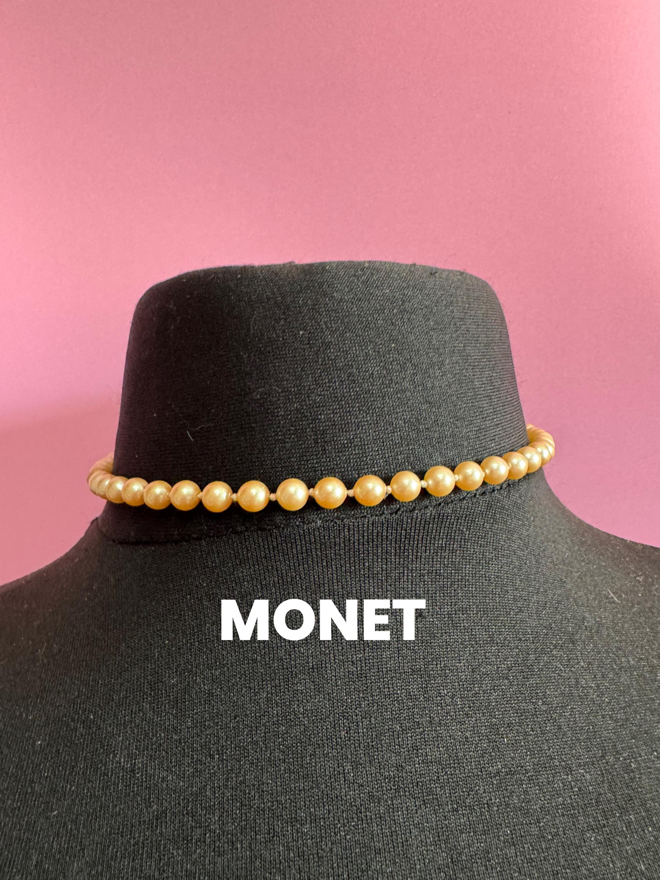 MONET Cream Pearl Necklace: Knotted Glass, Gold Clasp - Etsy