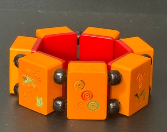 Bakelit Mahjong Panel Armband: Art Deco Rot und Gelb