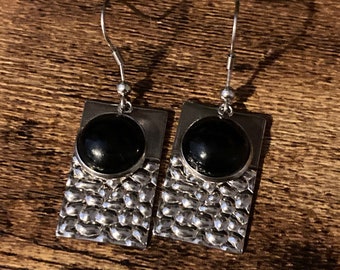 Black agate gemstone dangly earrings stainless steel planished metal