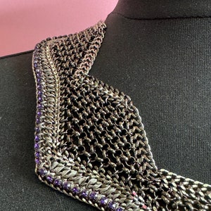 Retro deep purple Swarovski Crystal diamanté and dark grey silver tone chainmail wide choker necklace designer image 10