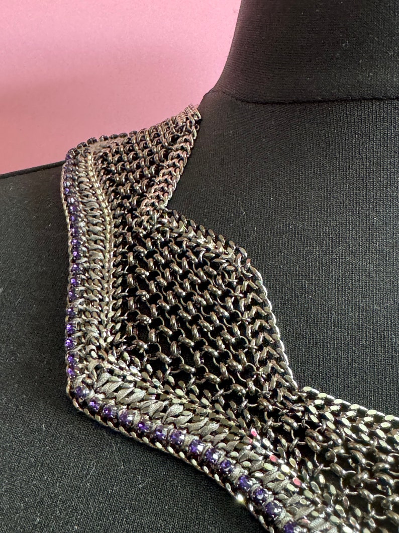 Retro deep purple Swarovski Crystal diamanté and dark grey silver tone chainmail wide choker necklace designer image 10