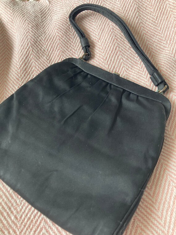 Signed antique black satin evening bag purse bras… - image 5