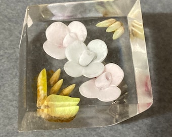 Broche ancienne,plexiglas inclusion fleurs séchées 1960 vintage