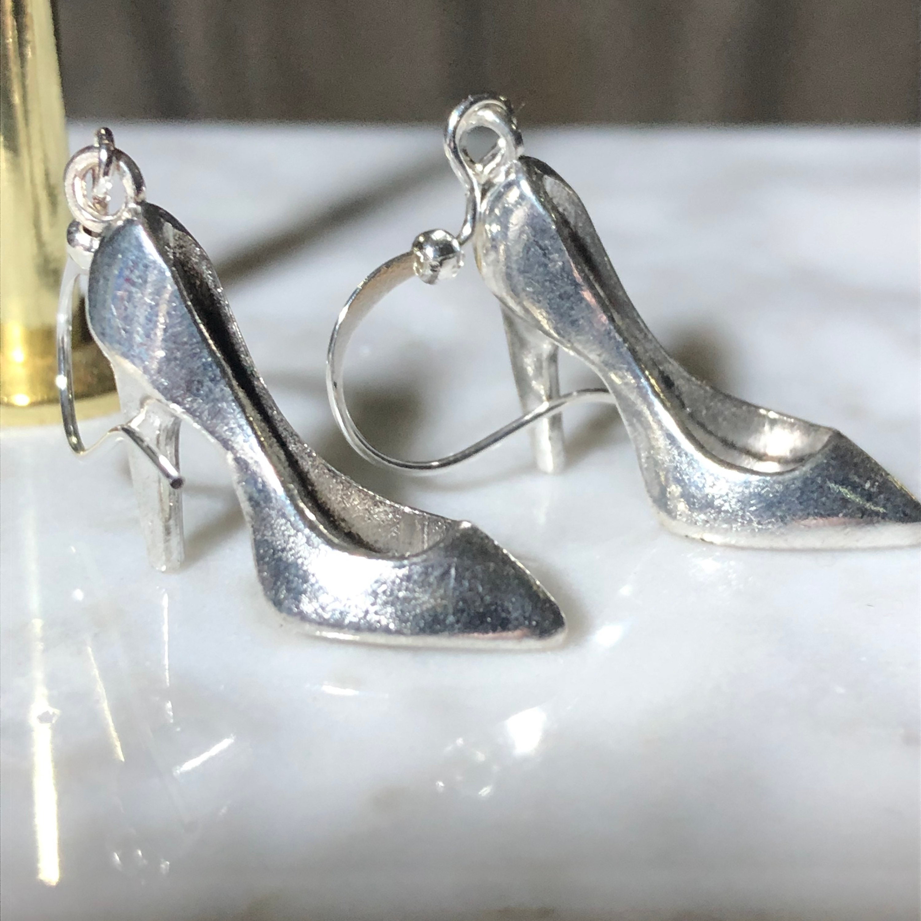 Silver Stiletto Shoe Earrings, High Heels Drops for Pierced Ears