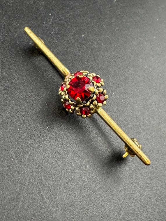 Antique Ruby red paste rhinestone bar Brooch Vict… - image 1