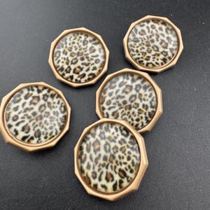 May include: Five decorative round cabinet knobs with a leopard print design. Each knob has a gold-colored, octagonal frame. The leopard print features a pattern of brown spots on a cream background.