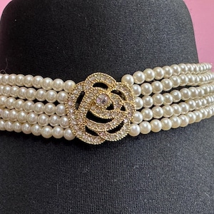 Vintage Christian Dior Pearl Choker with Rhinestone Floral Detail signed