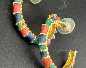 blue green coral hoop pierced earrings, vintage 3.5cm 1980s 1990s