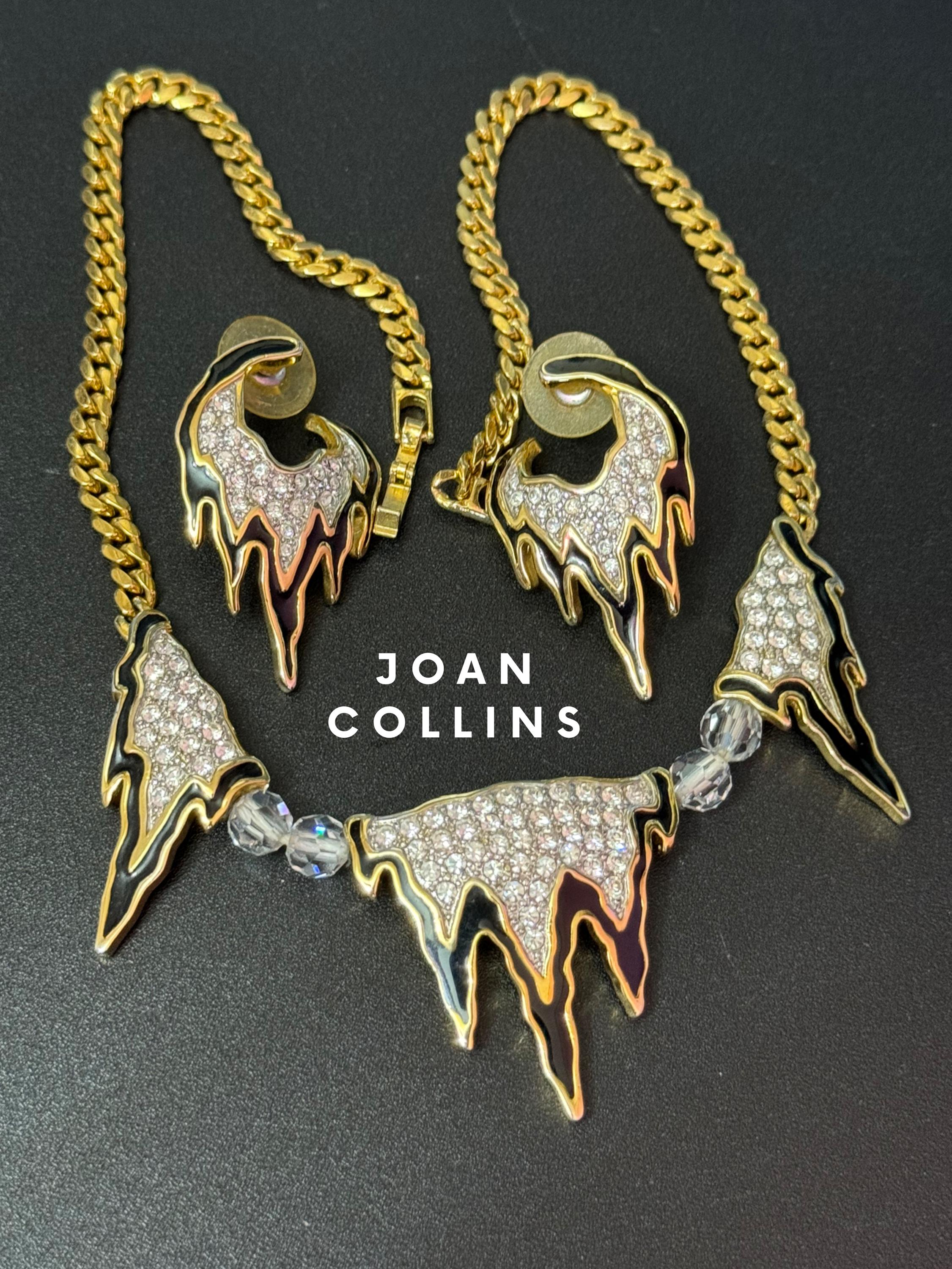 Joan Collins Vintage Black Enamel and Clear Crystal Diamante Pierced Drop Earrings Set