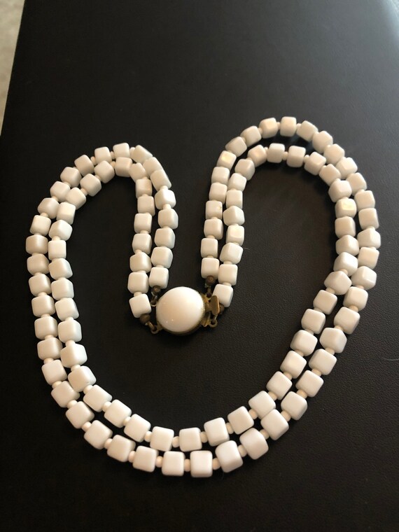 Antique Vintage Milk Glass White Square Knotted Double Strand