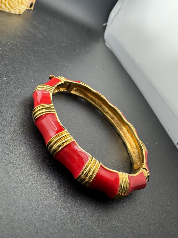 KJL Bangle, Red Enamel Bamboo Clamper | Gold Tone Bracelet