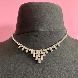 42cm vintage clear diamanté rhinestone baguette crystal silver tone drop choker necklace mid century