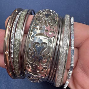 Silver Bangle Stack | Hippy Boho Festival Armful - Vintage Metal Bracelets, 65Mm Fit, Retro Style