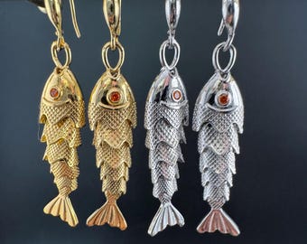 Articulated Fish Drop Earrings - Gold Plated Nautical Charm
