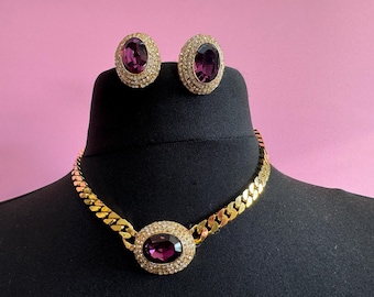Swarovski Crystal jewellery set, Necklace & Clip On Earrings Gold Tone