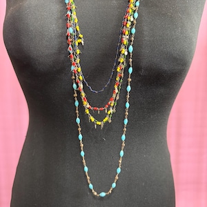 Long 90cm layering length tiny yellow green blue red glass or ceramic beaded layering necklaces