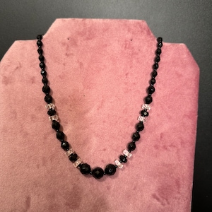 Antique art deco geometric cut glass black clear beaded necklace monochrome 44cm