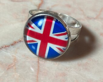 Union Jack thumb ring stainless steel adjustable glass cabochon kings coronation