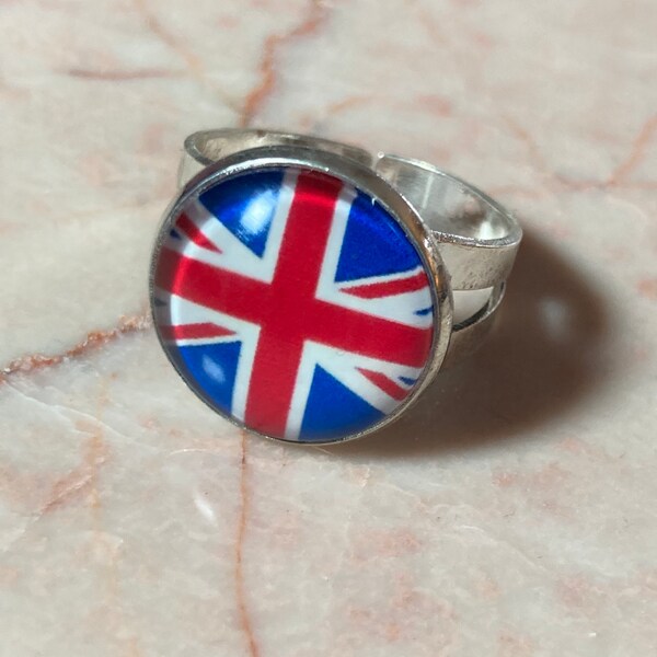 Union Jack thumb ring stainless steel adjustable glass cabochon kings coronation