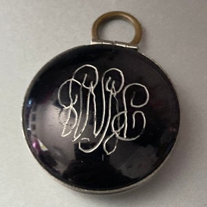 Antique silver tone brushed metal glass cabochon engraved monogrammed locket