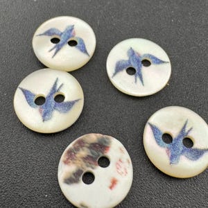 Pu&ograve; includere: Una collezione di cinque bottoni rotondi con un disegno di uccello. I bottoni sono bianco sporco con un'illustrazione di uccello blu e viola. Ogni bottone ha due fori per cucire.