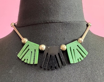 Art Deco Jakob Bengel Necklace: Chrome, Galalith & Geometric Beads
